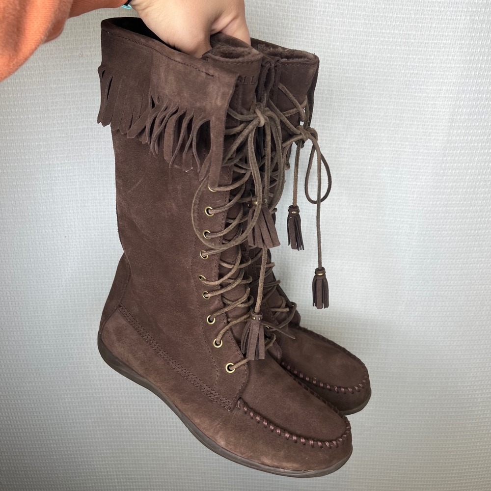 LL Bean Brown Suede Fringe Moccasin Boots Lace Up Side Mid Calf Size 11 Womens